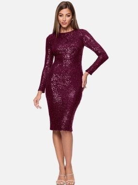 NWT Size 14 Xscape sequined long-sleeve sheath dress in wine